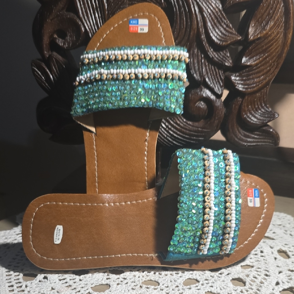 Elegant Beaded Green and Brown Sandals